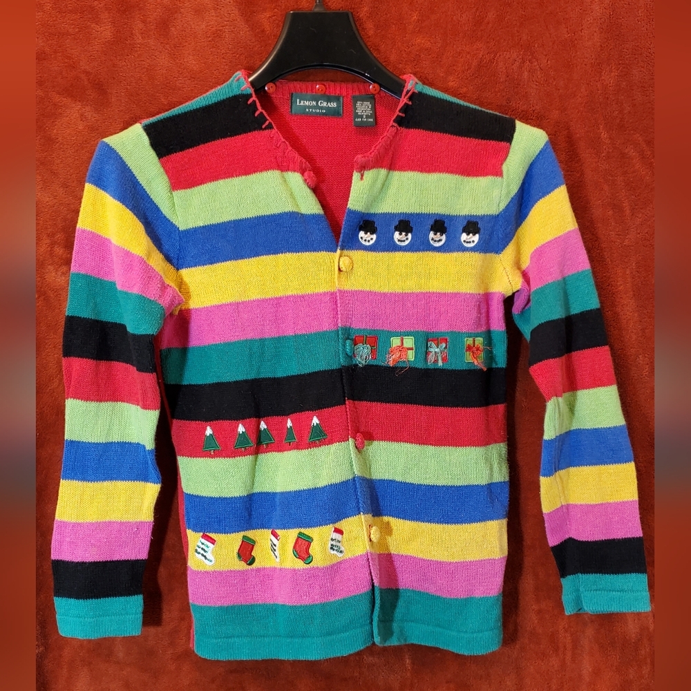 Lemon Grass Vintage Colorful Striped Cardigan with Festive Embroidery
